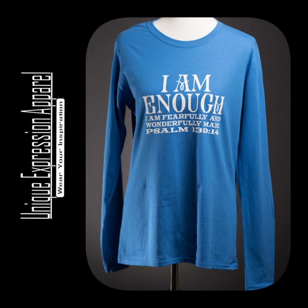 "I Am Enough" casual lng slv blue graphic tee